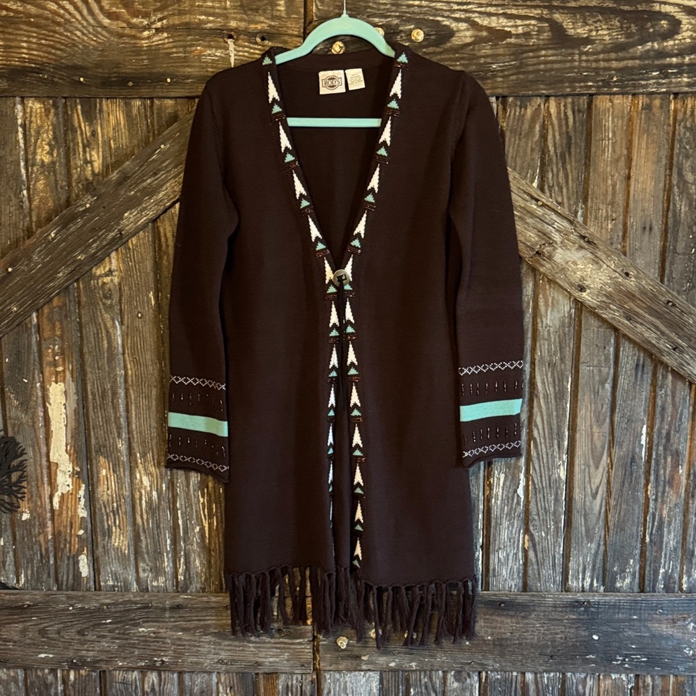 Brown and Teal Women's Cardigan with Fringe